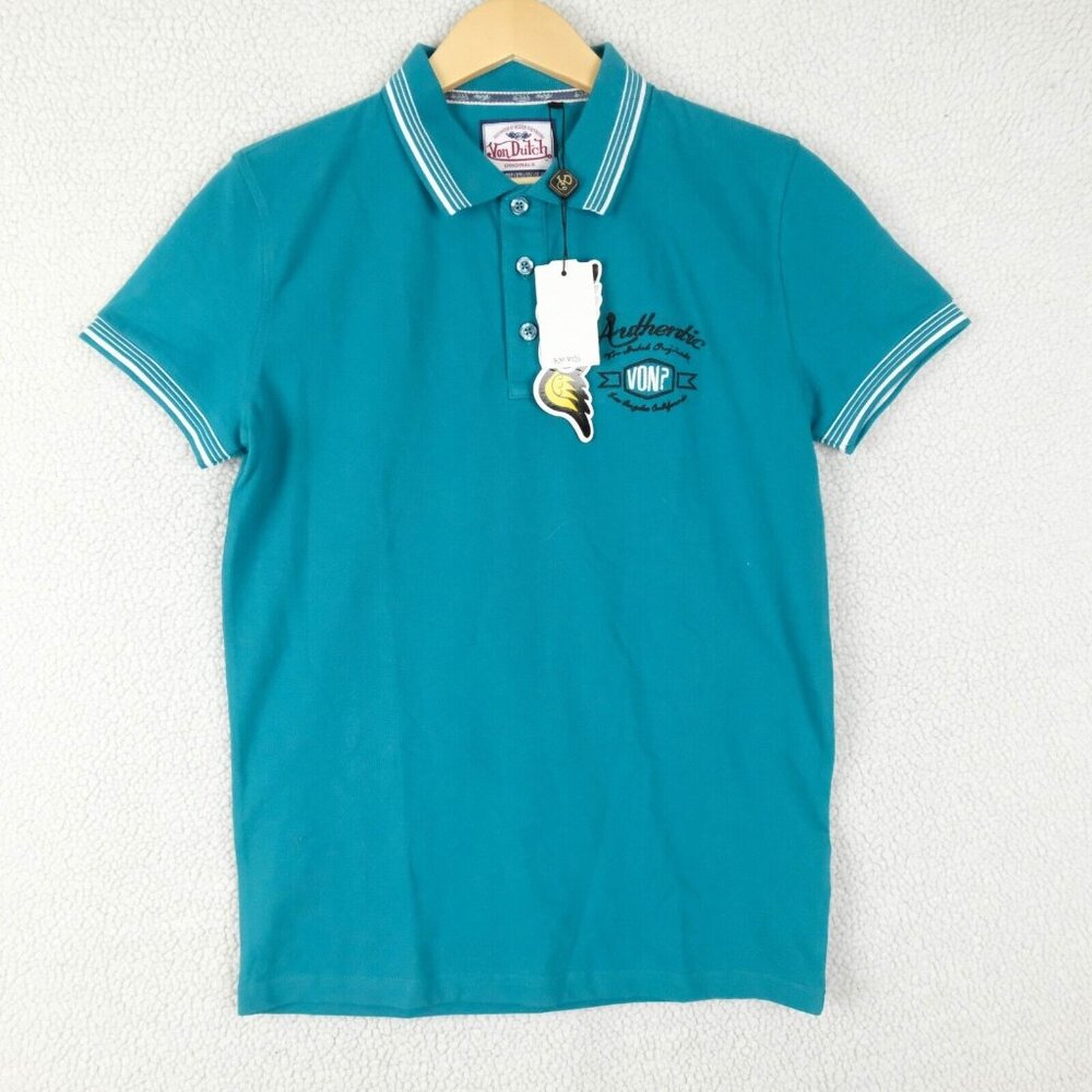 Von Dutch Polo Mens Small Blue Striped Ringer Logo Preppy Stretch Cotton